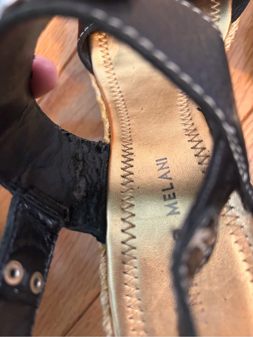 ANTONIO MELANI Y2K Black Leather Double-Buckle Espadrille Wedges Size 8 Brazil